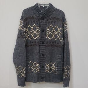 Ruff Hewn Sweater Mens Sz XL Long Wool Blend Gray Cardigan Geometric Pattern